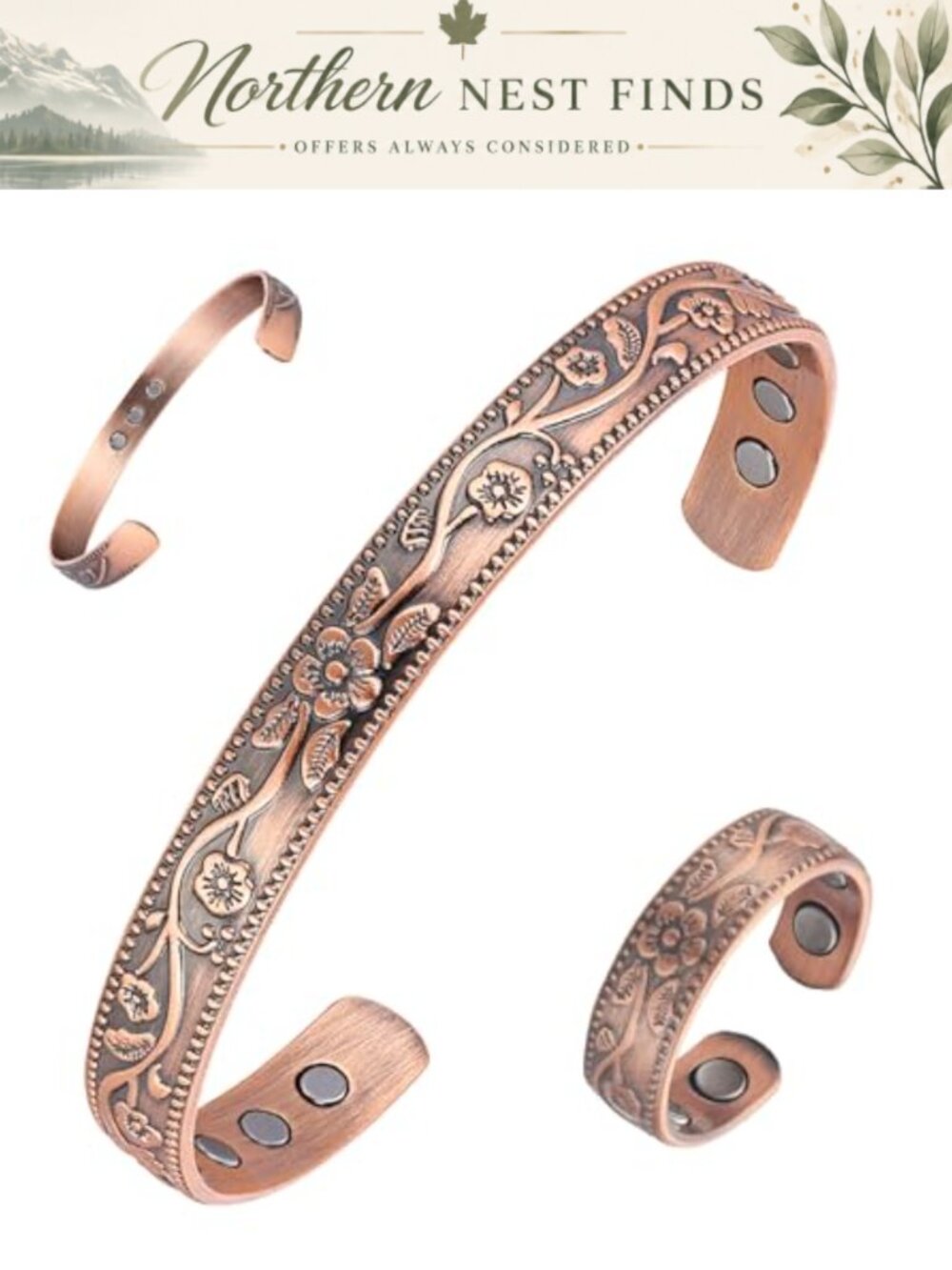 Pure Copper Magnetic Bracelet for Women Vintage Floral Cuff Adjustable